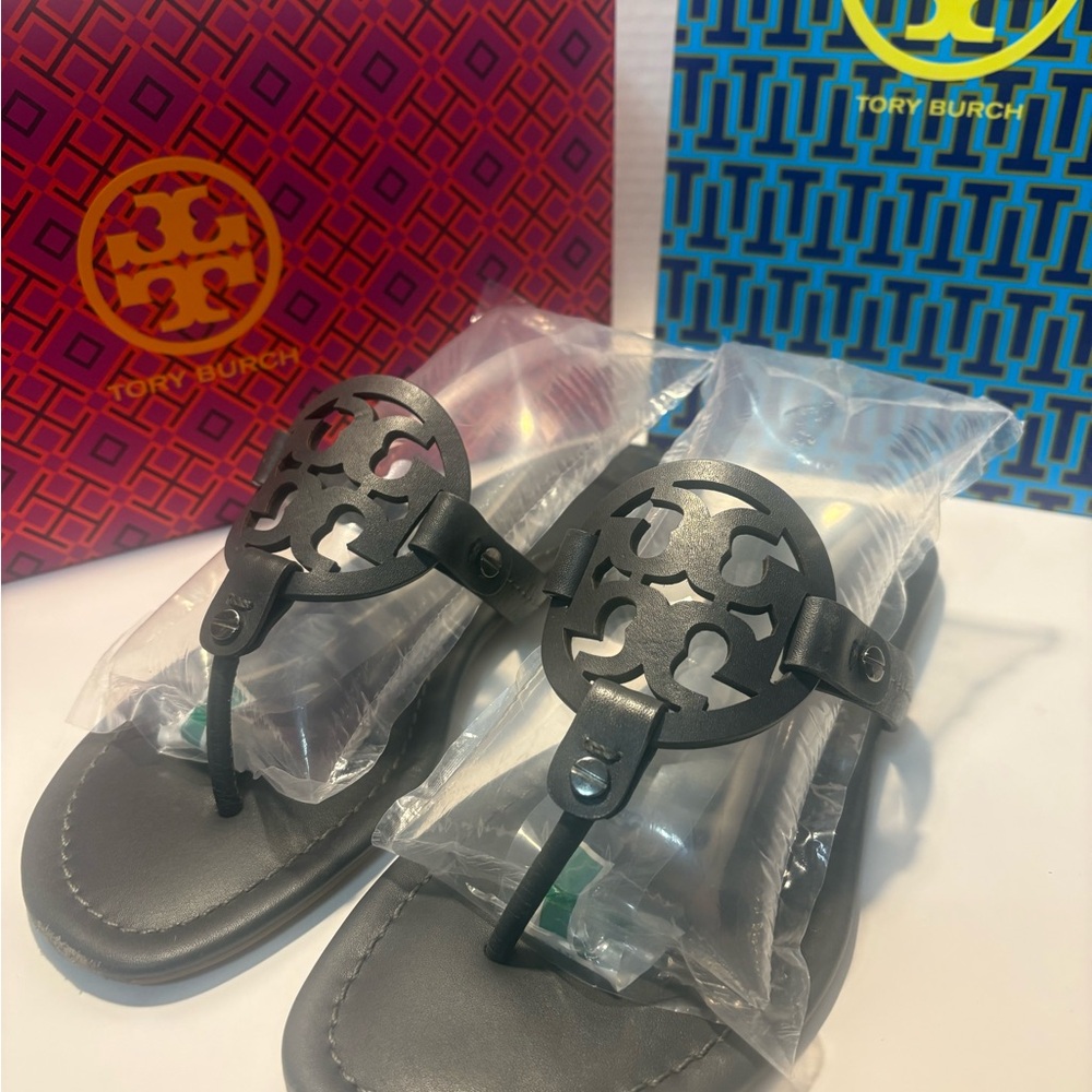 Tory Burch Miller Dark Gray Logo Sandals size 8